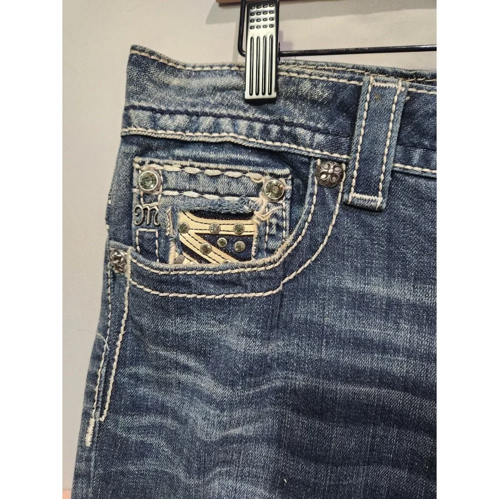 Miss Me Easy Boot Thick Stitch Jean Women 29 Distressed Paisley Rhinestone Jewel - Picture 10 of 10